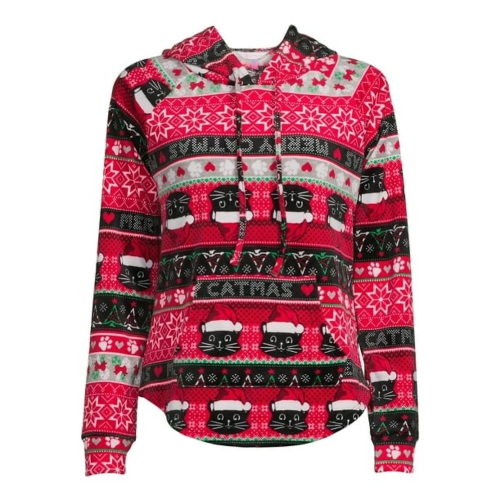 🌻3/$20 🆕 No Boundaries Holiday Christmas Hoodie Merry Catmas Print, Size M